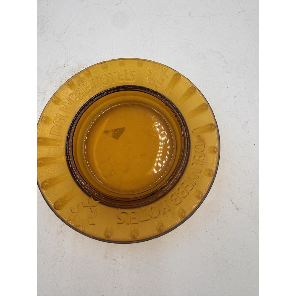 Vintage Del Webb Hotels Amber Glass Advertising Ashtray 4" Very Good Condition